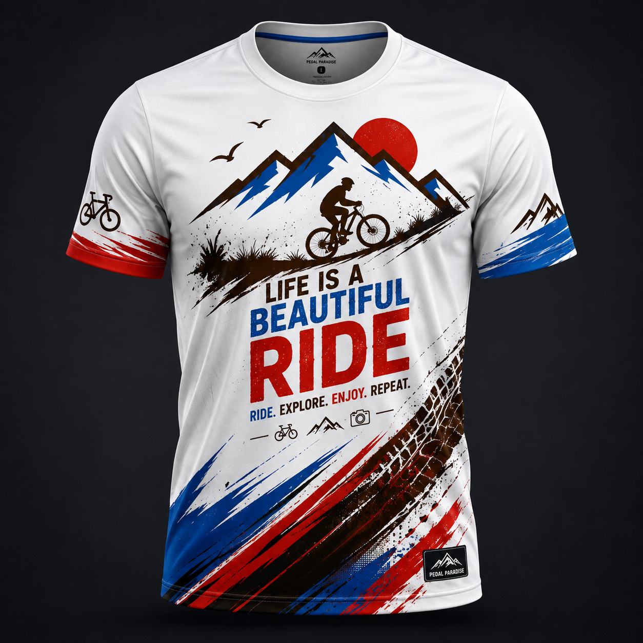 Pedal Paradise branded cycling jersey front
